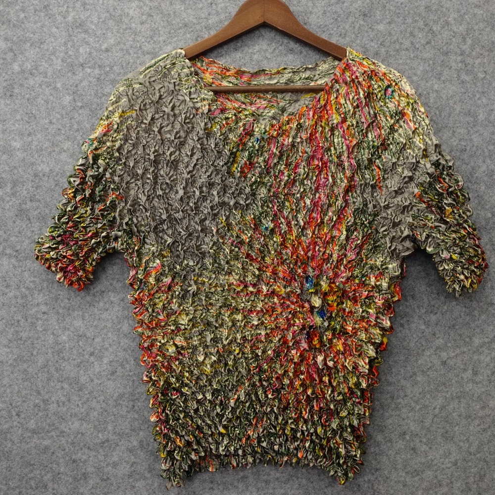 Tie Dye‎ Popcorn Top Women S L Gray Multi Splatter Crinkle Stretch Shirt 90s Y2K